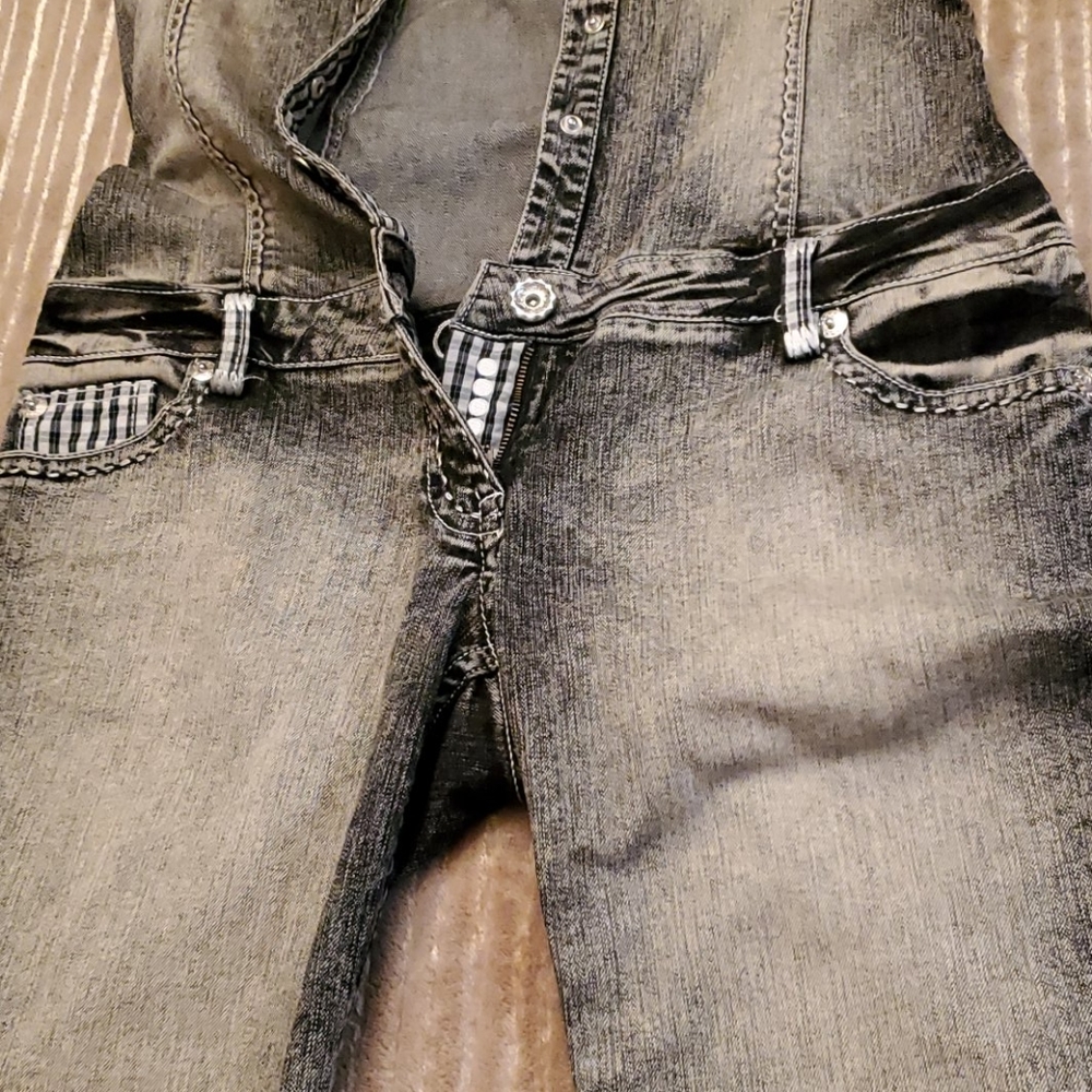 COOGI Washed Denim Halter Jumpsuit Romper in Faded Black/Grey - Picture 4 of 12